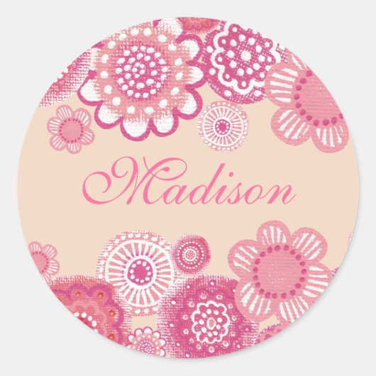  in roze & perzik geschilderde meisjes naamlabel ronde sticker (Voorkant)