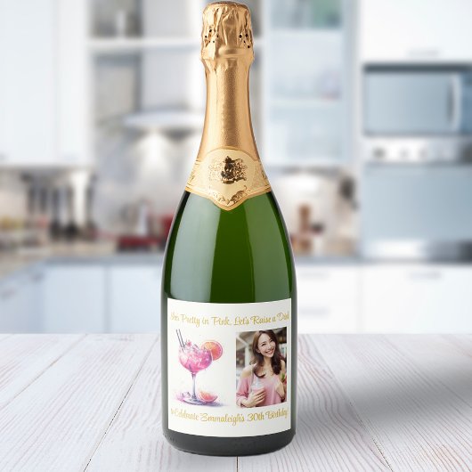  in Roze Thema Cocktail Verjaardag Sparkling Wijnetiket