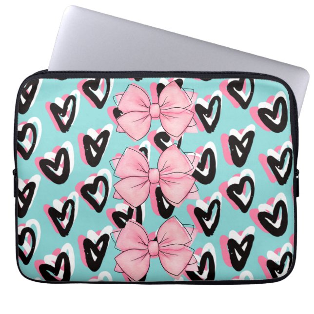  in Roze & Zwarte BowHeart Laptop Mouw Sleeve (Voorkant)