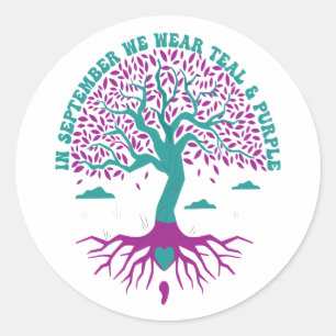 In september dragen we turquoise en paars voor gee ronde sticker