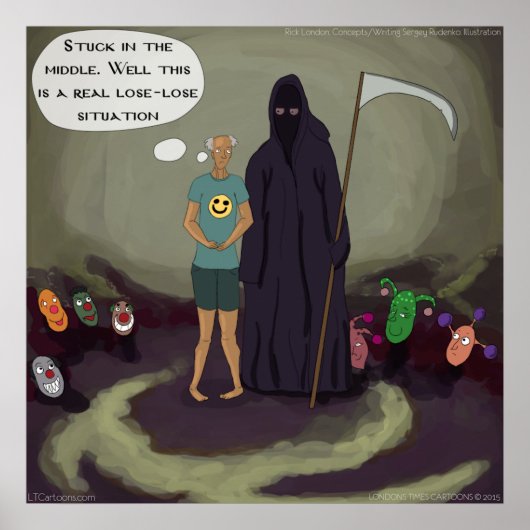 In The Middle Grappige Grim Reaper & Clown Poster (Voorkant)