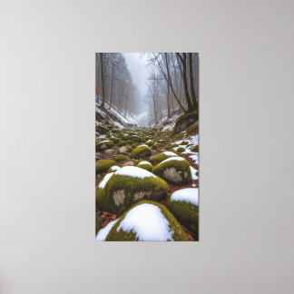 In the tranquil valley snow falls canvas afdruk