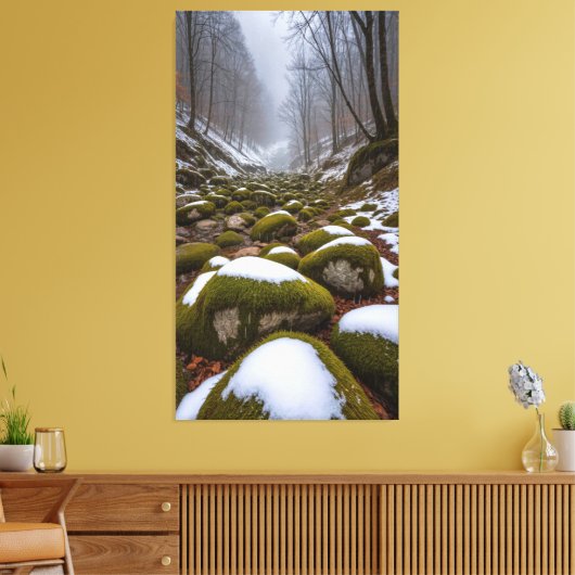 In the tranquil valley snow falls canvas afdruk (Insitu (Woonkamer))