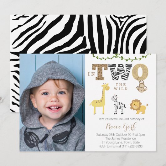 in TWO: de Wilde Tweede verjaardag Safari Party vo Kaart (Voorkant / Achterkant)