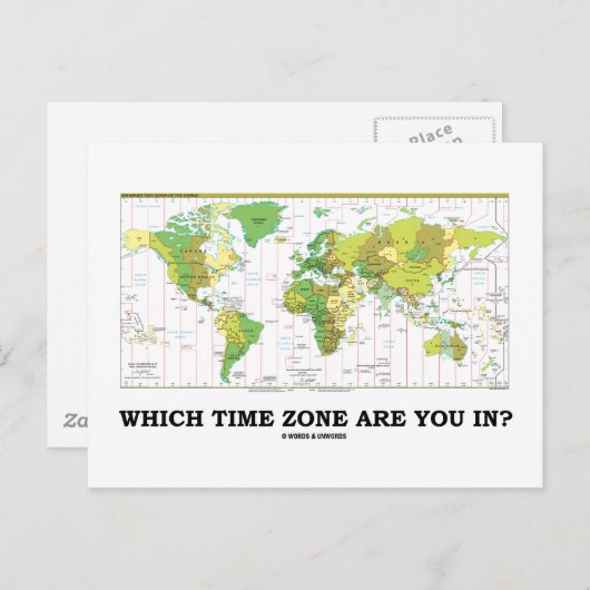 In welke tijdzone ben je? (Wereldkaart tijdzones) Briefkaart (Voorkant / Achterkant)