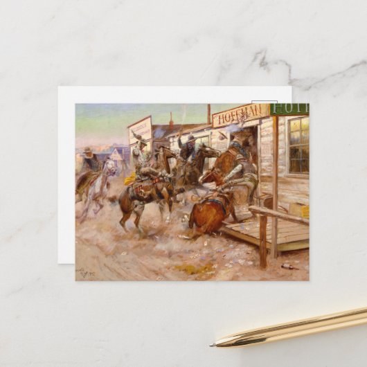 In zonder het te weten door Charles Marion Russell Feestdagenkaart (Voorkant / Achterkant in situ)