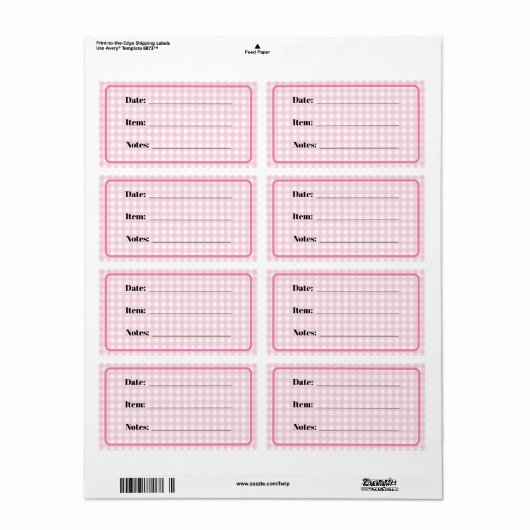 Inblikken en voedselopslagetiketten in Pink Gingha Etiket (Full Sheet)