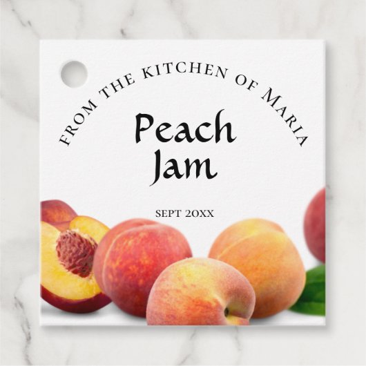 Inblikken Zelfgemaakte Perzik Jam en Ingrediënten Bedankjes Labels (Voorkant)