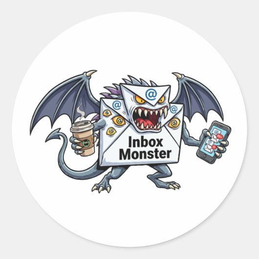 Inbox Monster E-mail Overbelasting Grappige Grafie Ronde Sticker (Voorkant)