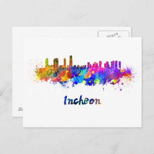 Incheon skyline in watercolor briefkaart (Voorkant / Achterkant)