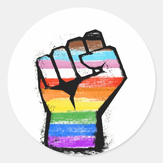 Inclusieve Progress Pride Vuist Ronde Sticker (Voorkant)