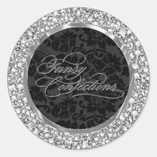 Incrusted Faux Diamond & Black Damask Circle Ronde Sticker (Voorkant)
