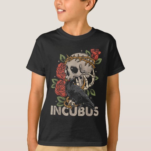 Incubus kraai linker schedel bloem Halloween kostu T-shirt (Voorkant)