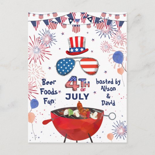 Independence Day American Flag Fireworks BBQ Party Uitnodiging Briefkaart (Voorkant)