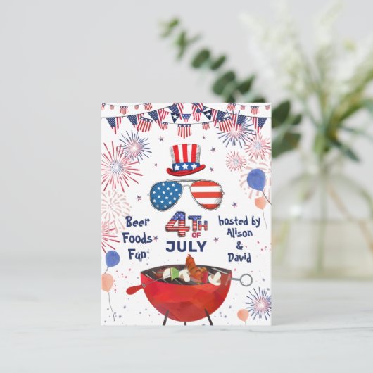 Independence Day American Flag Fireworks BBQ Party Uitnodiging Briefkaart (Staand voorkant)