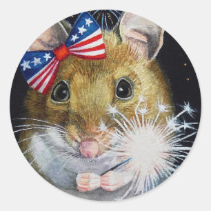 Independence Day Field Mouse No. 1 Waterverf Art Ronde Sticker