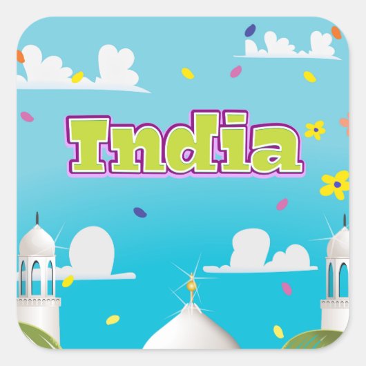 India Cartoon Reisprint. Vierkante Sticker (Voorkant)