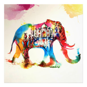 India Elephant Vintage Travel Love Waterverf Foto Afdruk