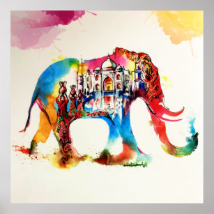India Elephant Vintage Travel Love Waterverf Poster