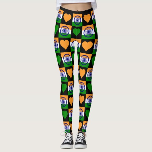 India Flag Heart Pattern Cute Patriotic Indian Leggings (Voorkant)