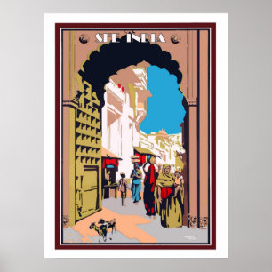 India, mensen op de stadsstraat, vintage reis poster