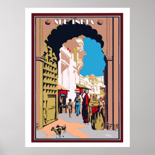 India, mensen op de straat van de stad, oud reizen poster (Voorkant)