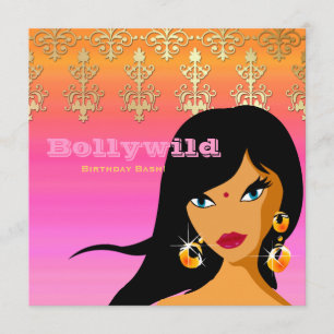 India Party Invitation Gold Pink Oranje Bindi Kaart