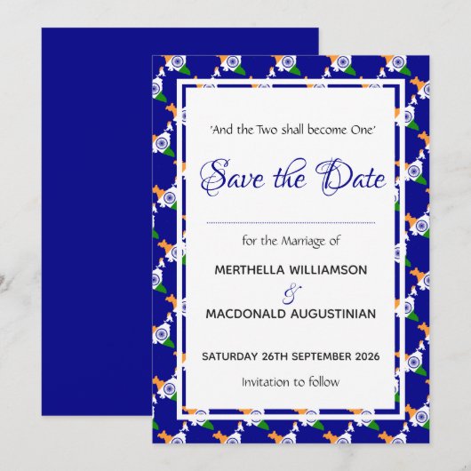 INDIA Patriotic Wedding Special Celebration BLUE Save The Date (Voorkant / Achterkant)