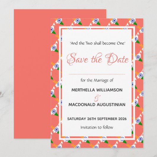 INDIA Patriotic Wedding Special Celebration Coral Save The Date (Voorkant / Achterkant)