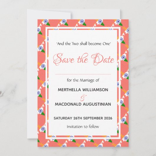 INDIA Patriottische Huwelijksviering Koraal Save The Date (Voorkant)