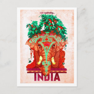India, rode olifant, vintage reisansichtkaart briefkaart