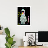India, stel rijdend op blauwe olifant, schilderij poster (Thuiskantoor)
