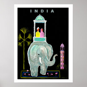 India, stel rijdend op blauwe olifant, schilderij poster