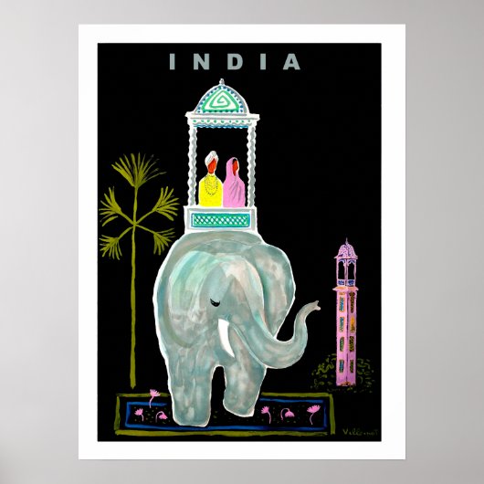India, stel rijdend op blauwe olifant, schilderij poster (Voorkant)