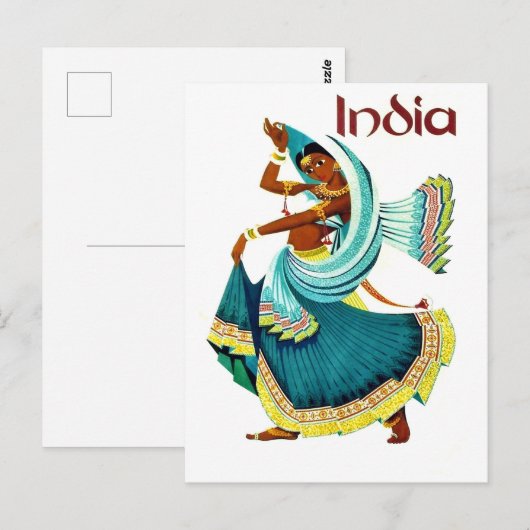 India, traditionele dansende vrouw, oud reizen briefkaart (Voorkant / Achterkant)