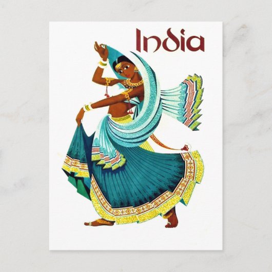 India, traditionele dansende vrouw, oud reizen briefkaart (Voorkant)