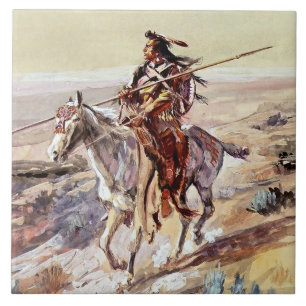 “Indiaan met speer” Cowboy Art door Charles Russel Tegeltje