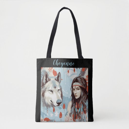 Indiaans - Indiaanse prinses en wolf  Tote Bag (Voorkant)