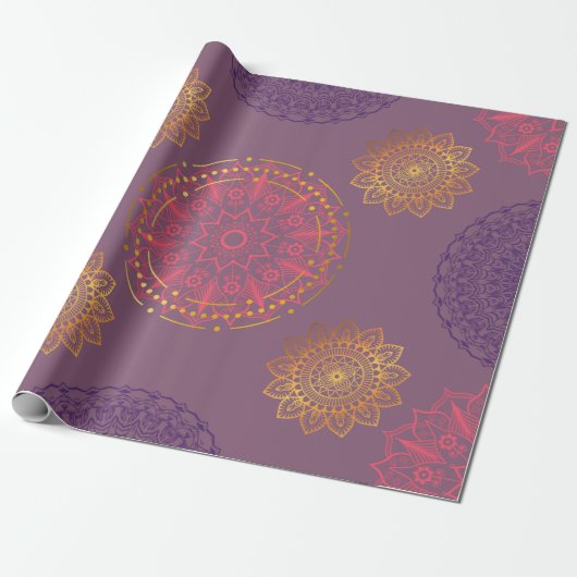 indiaans mandala paars met goud cadeaupapier (Uitgerold)