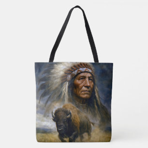 Indiaans opperhoofd met aanstormende buffel tote bag