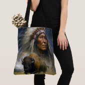 Indiaans opperhoofd met aanstormende buffel tote bag (Dichtbij)