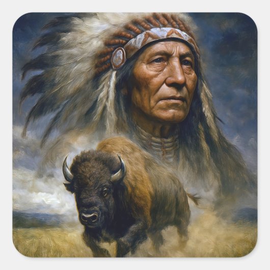Indiaanse Chief met aanstormende Bizon Vierkante Sticker (Voorkant)