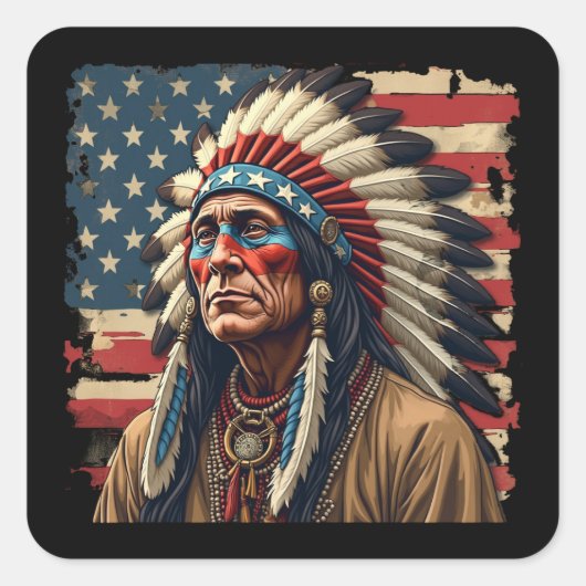 Indiaanse Chief Patriotic American Vierkante Sticker (Voorkant)