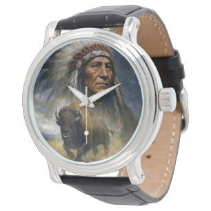 Indiaanse hoofdman met aanstormende buffel horloge