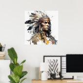 Indiaanse Indiaanse portret krijger schilderij Poster (Thuiskantoor)