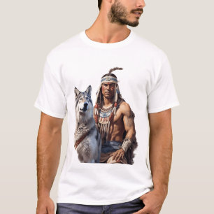 Indiaanse krijger met wolf t-shirt
