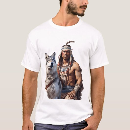 Indiaanse krijger met wolf t-shirt (Voorkant)