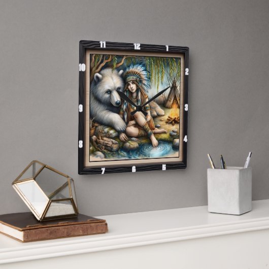 Indiaanse meisje Beer Natuur Vierkante Klok (Kantoor)