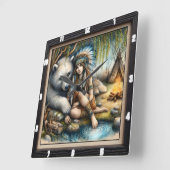 Indiaanse meisje Beer Natuur Vierkante Klok (Hoek)