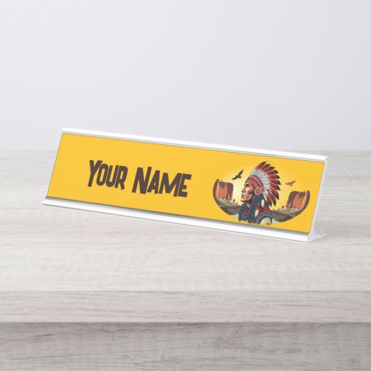 Indiaanse opperhoofd op wild landschap Sunset Pen Bureau Naambordje (Voorkant)